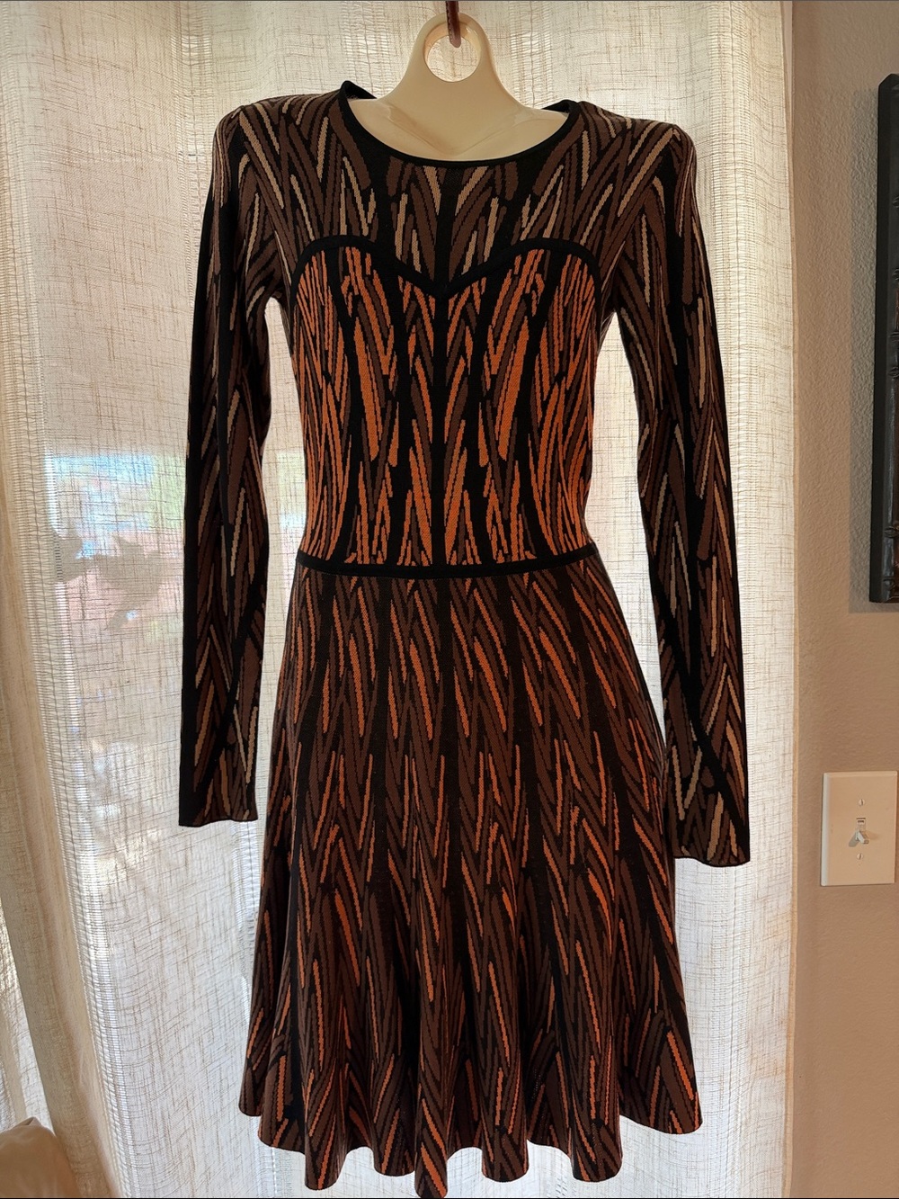 BCBGMaxAzria Black and Rust Patterned Long-Sleeve Fit-and-Flare Dress